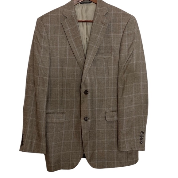Saks Fifth Avenue Black Label Sport Coat Mens 40R Beige Silk Wool Windowpane - Picture 2 of 15